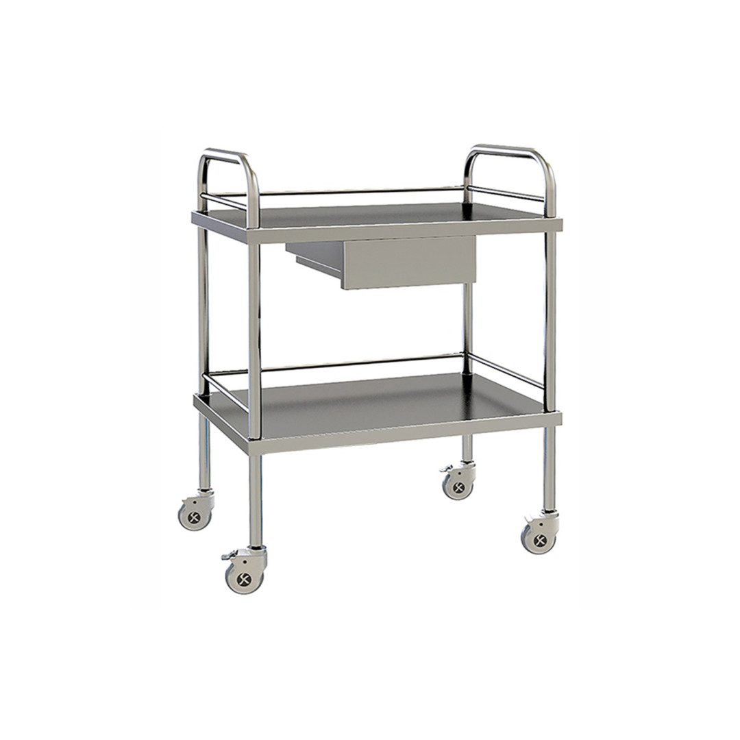 Chariot de soins inox 2 plateaux avec tiroir